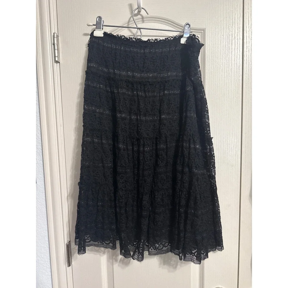 Studio M Black Lace Tiered Midi Skirt Metallic Coquette Gothic Whimsigoth Witchy